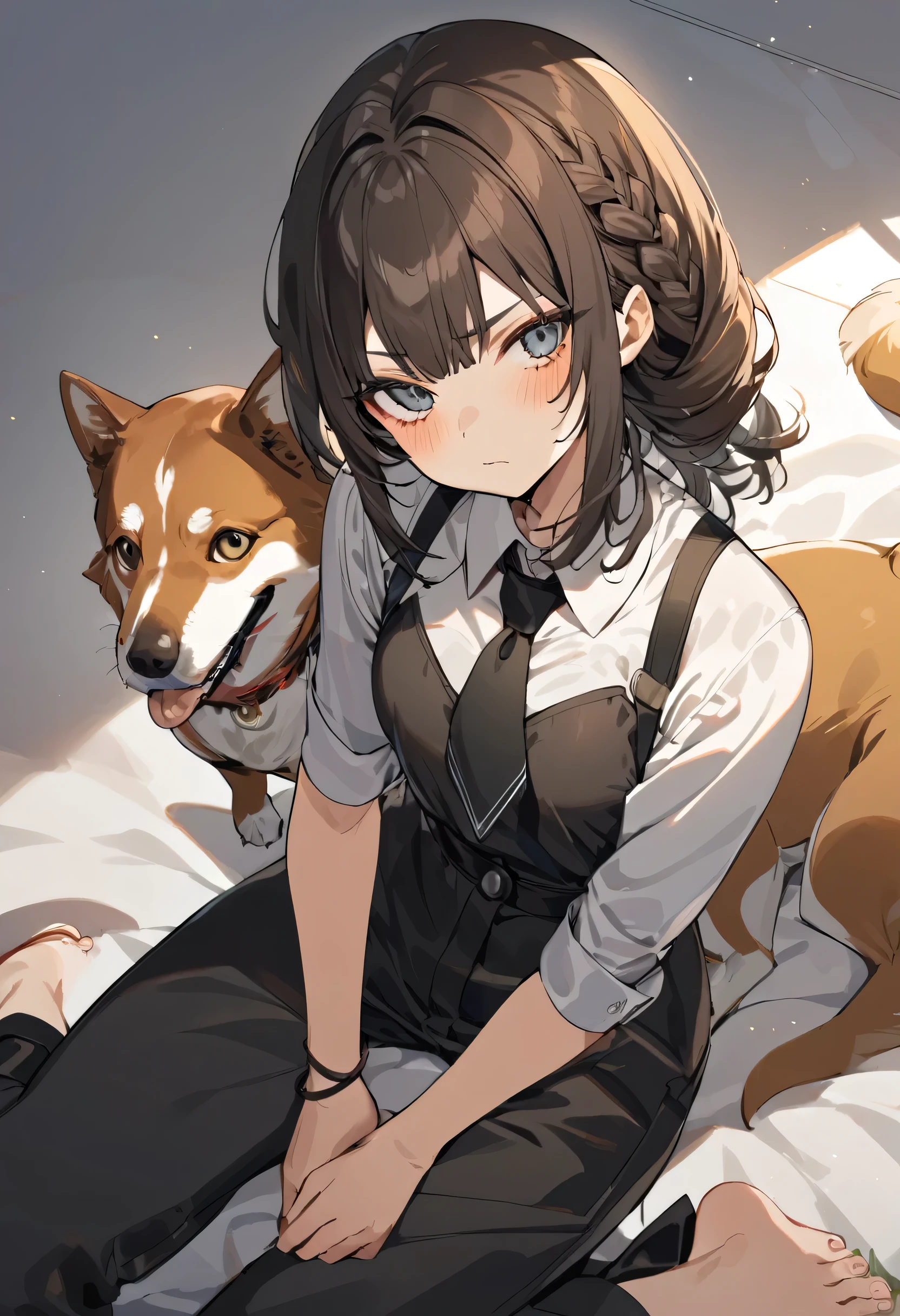 1 girl, makima (Chainsaw Man), necktie preta, black pants, Braid, rabo de cavalo Braiddo, breastsout, cloused mouth, collared, chemise de collared, tiro de cowboy, toenails, gi, hair over the shoulders, head tilt, hold the dog's collar, pull the leash, longye hair, long sleeves, lookin at viewer, necktie, extended arm, pants, Eyes red, Red hair, ringed eyes, chemise, sensual smile, solo, lighting sun, collared not used, chemise branca, in the office