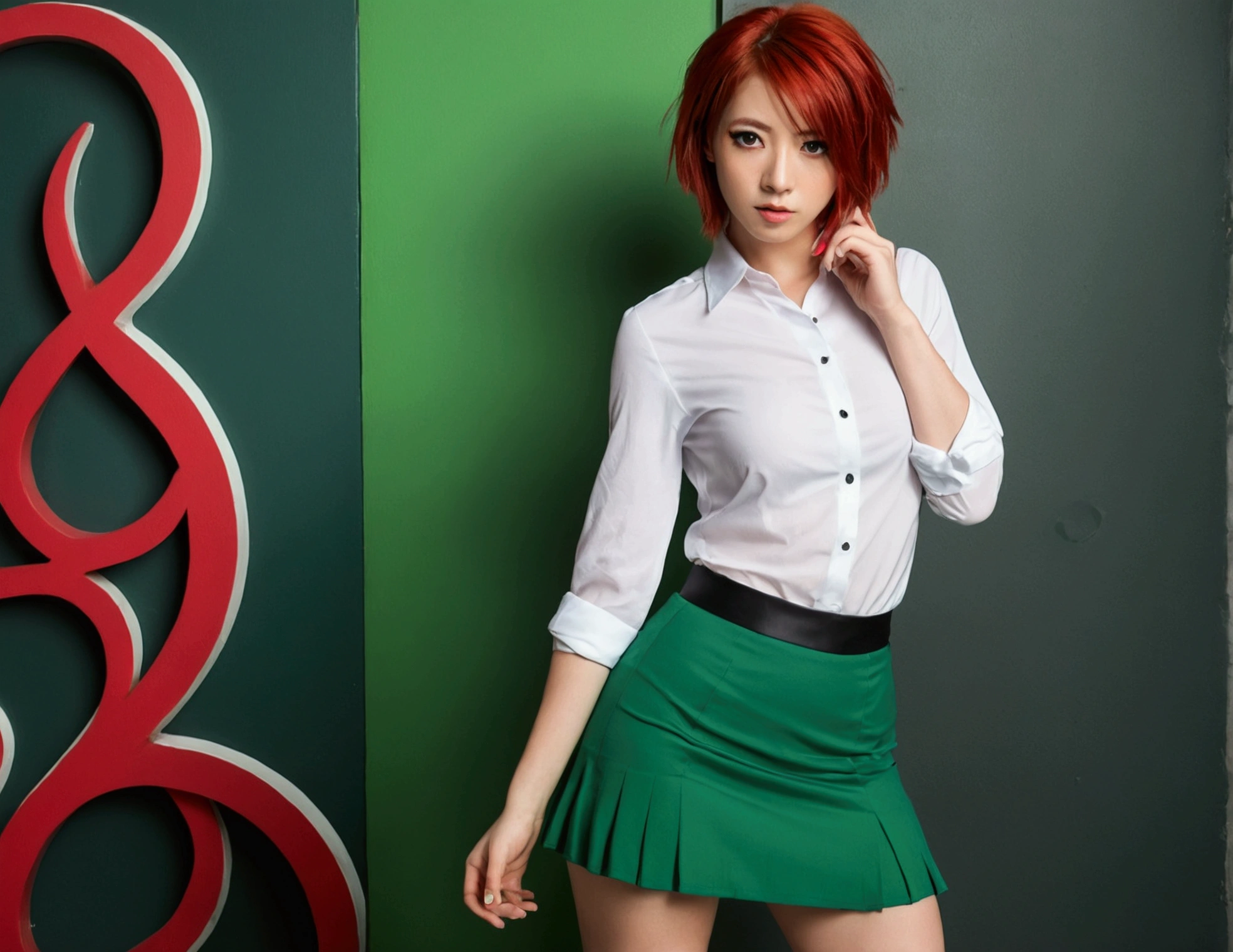 FostersStyle, red hair, green skirt, too short miniskirt,slutty outfit, seductive, abstract background, looking at viewer, slutty , , slutty pose, lewd, seductive expression, white shirt, standing, black eyes, sfw, big , looking at viewer, midriff