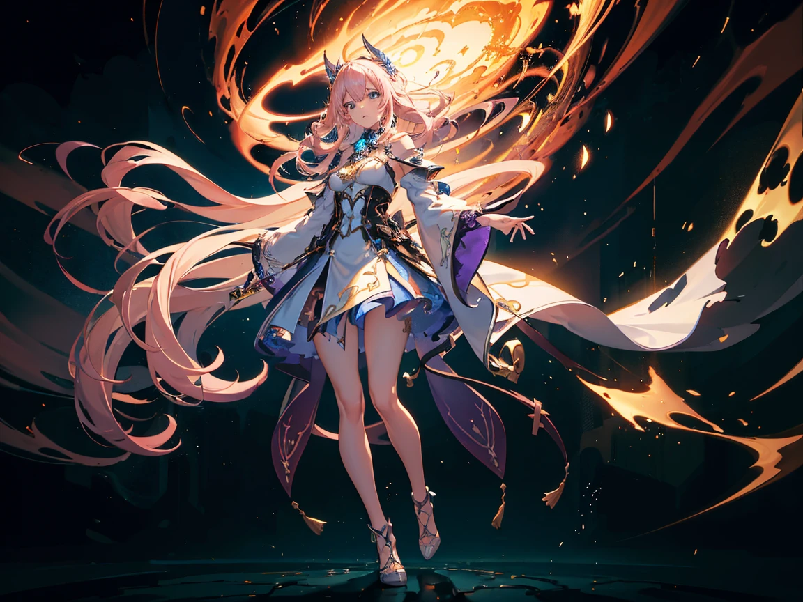 (Digital artwork:1.3,((Octane rendering)),City Street,High-rise tail alley, blonde long hair,((A huge glowing magic array under your feet)),((Complex luminous runes)),Realistic digital painting portrait,shot at 8k resolution,Gasoline liquid,color pastel,splashart,Magical universe of pink and blue and purple,Lithography in intricate details,(lightning particules:1.2),(game concept:1.3),(deep of field:1.3),Global illumination,with rich details,Trends on ArtStation,((illustrious)),ultra fine,16K resolution, light blue eyes , (Weapon: Lightning Energy in a ball in right hand)