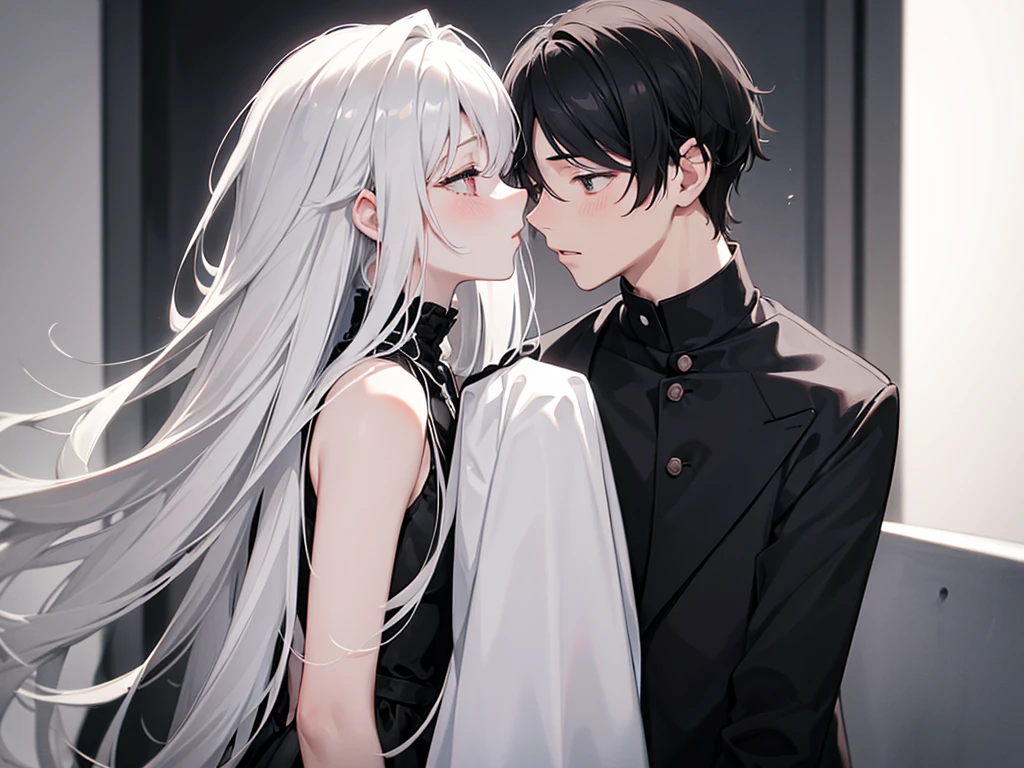 1 boy_dark_hair, 1 girl_white_hair, blush deeply, pair, shades of gray, straight, kiss, long_hair, monochrome, upper body_body,