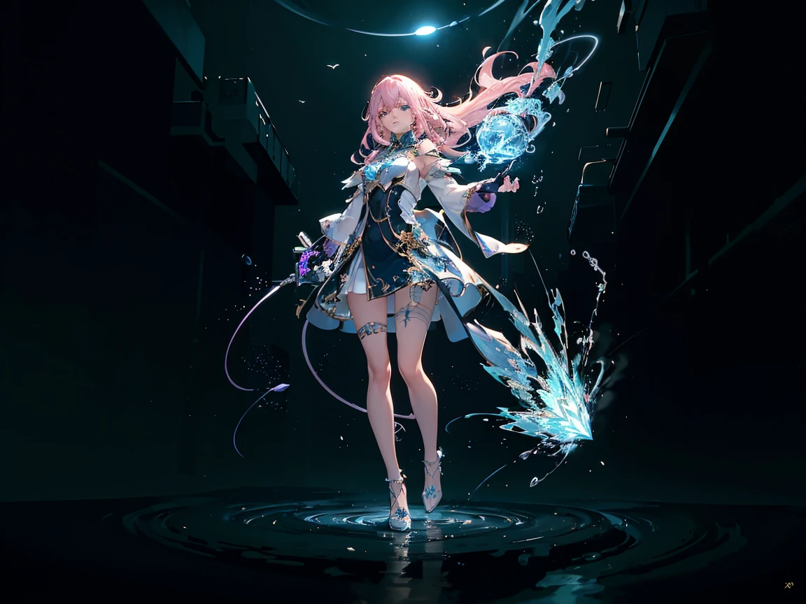 (Digital artwork:1.3,((Octane rendering)),City Street,High-rise tail alley, blonde long hair,((A huge glowing magic array under your feet)),((Complex luminous runes)),Realistic digital painting portrait,shot at 8k resolution,Gasoline liquid,color pastel,splashart,Magical universe of pink and blue and purple,Lithography in intricate details,(lightning particules:1.2),(game concept:1.3),(deep of field:1.3),Global illumination,with rich details,Trends on ArtStation,((illustrious)),ultra fine,16K resolution, light blue eyes , (Weapon: Lightning Energy in a ball in right hand)