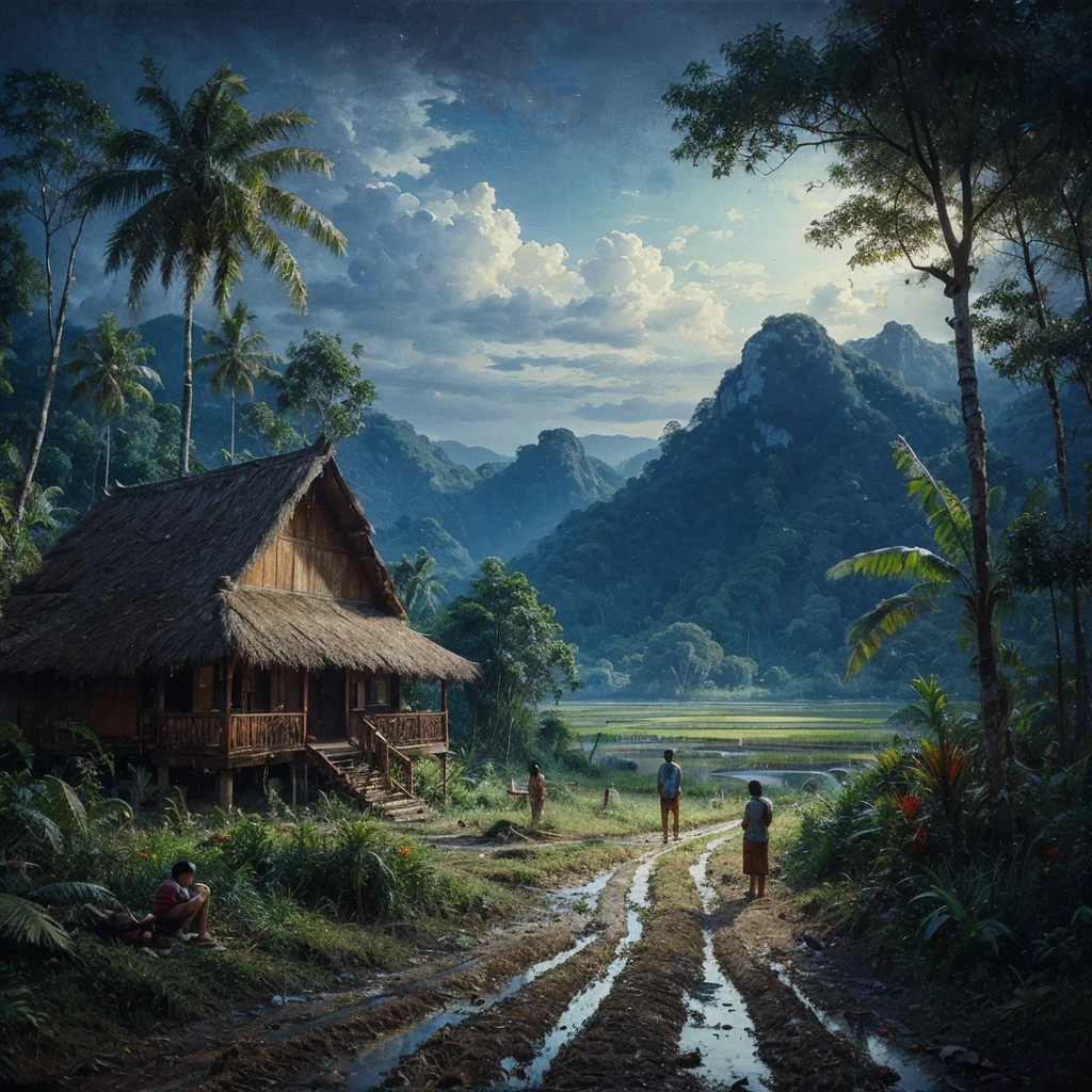 Oil paint splattered era 1960, a view, dirt road junction, There is an open house without a room where 2 people are chatting in the house, there are rice fields & lake, samping kanan kiri forest rapat borneo, there is a mountain background, forest, coconut tree, and trees, there is bush grass, ferns plant,very dark night,naturalism,Realism,very dull canvas,basuki abdullah style,Oil paint splashes are intuitive