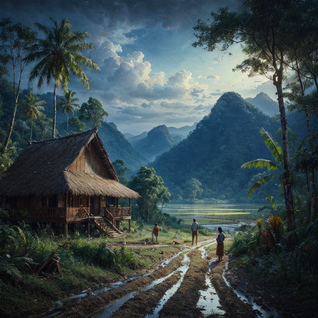 Oil paint splattered era 1960, a view, dirt road junction, There is an open house without a room where 2 people are chatting in the house, there are rice fields & lake, samping kanan kiri forest rapat borneo, there is a mountain background, forest, coconut tree, and trees, there is bush grass, ferns plant,very dark night,naturalism,Realism,very dull canvas,basuki abdullah style,Oil paint splashes are intuitive