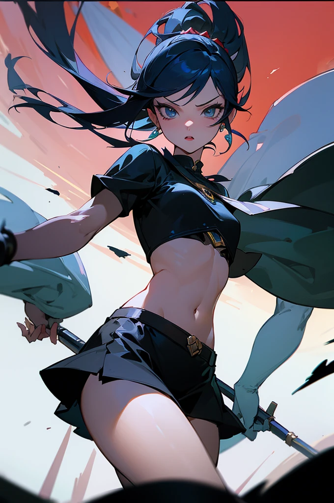 ((masterpiece,best quality)), absurdres, Riju_Zelda, midriff, black dress, solo, looking at viewer, cowboy shot, cinematic composition, dynamic pose,