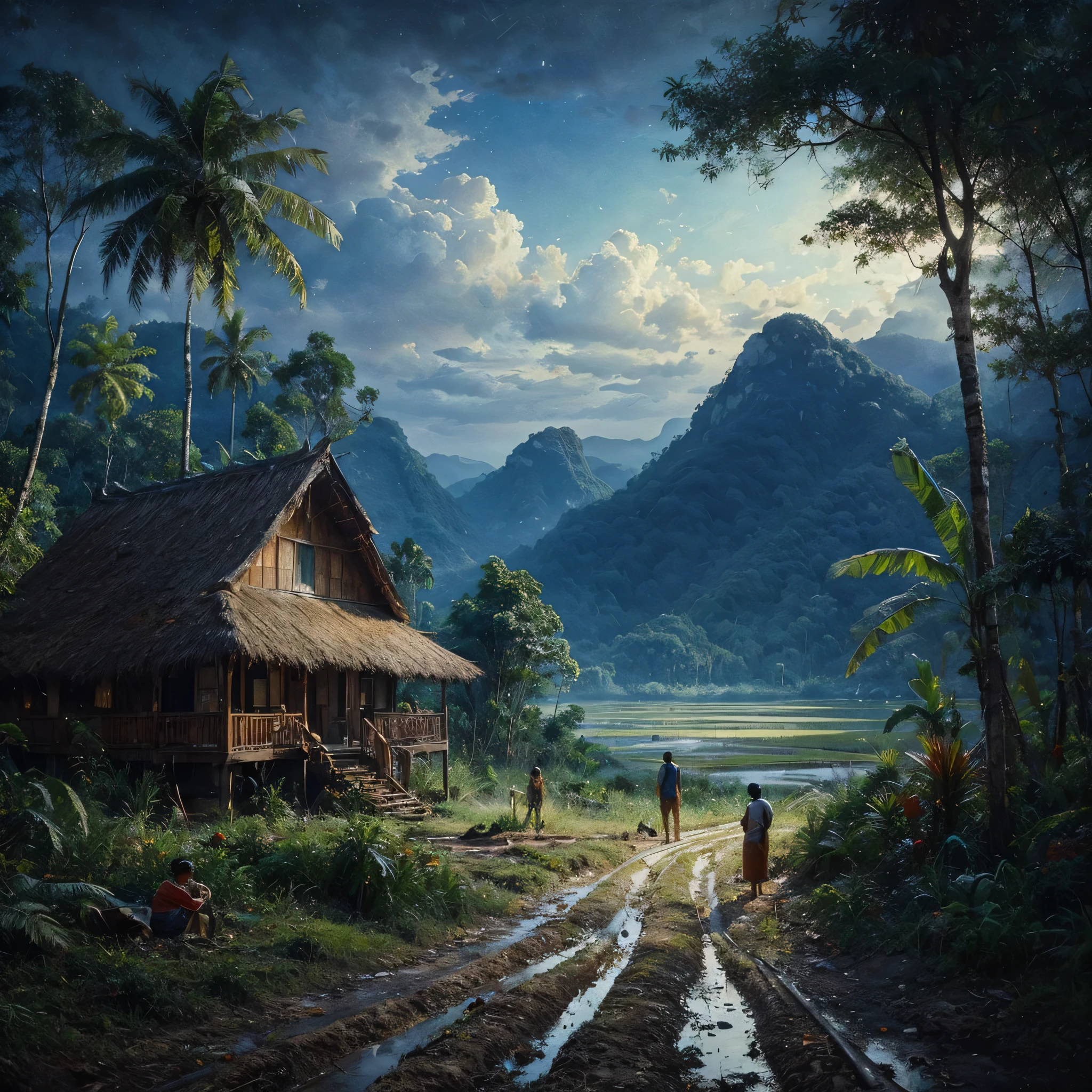 Oil paint splattered era 1960, a view, dirt road junction, There is an open house without a room where 2 people are chatting in the house, there are rice fields & lake, samping kanan kiri forest rapat borneo, there is a mountain background, forest, coconut tree, and trees, there is bush grass, ferns plant,very dark night,naturalism,Realism,very dull canvas,basuki abdullah style,Oil paint splashes are intuitive