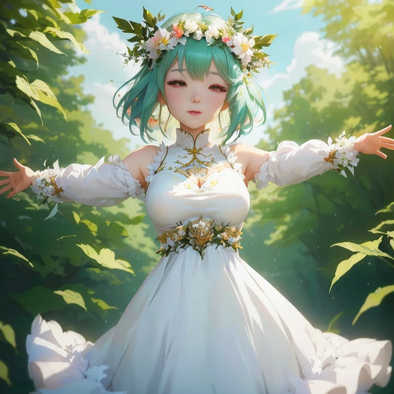anime girl in white dress with arms outstretched out in the air, in dress, cute anime waifu in a nice dress, guweiz on pixiv artstation, anime moe artstyle, fey queen of the summer forest, anime lush john 8k woods, the non-binary deity of spring, anime style 4 k, anime art wallpaper 8 k