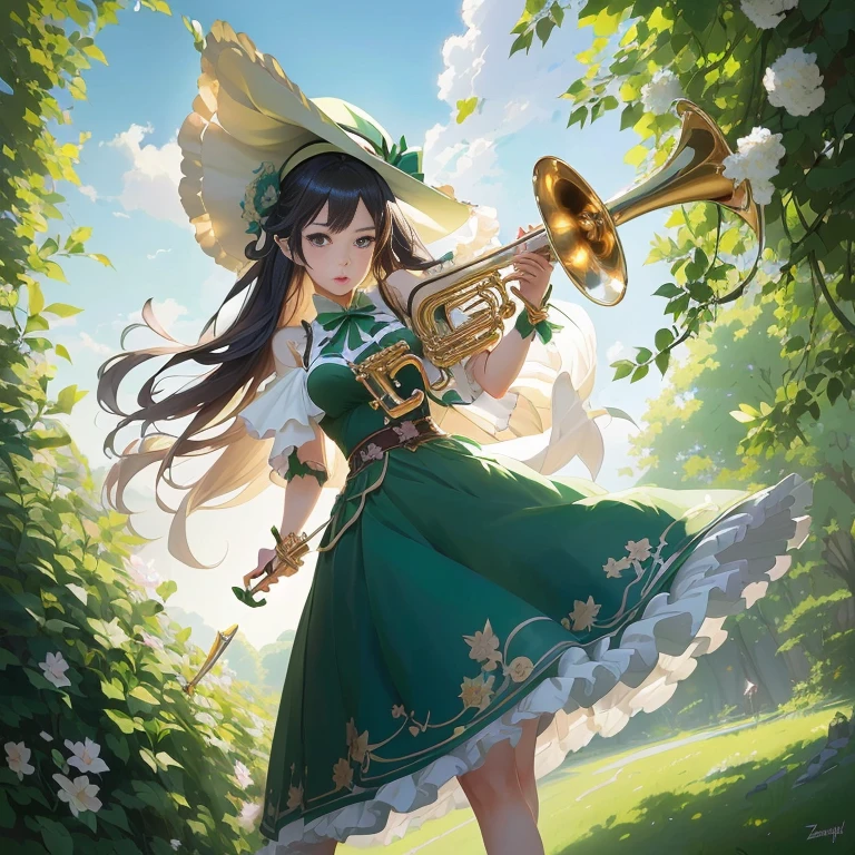 anime girl with a trumpet in a green dress and hat, high detailed official artwork, official art, official artwork, cushart krenz key art feminine, , marin kitagawa fanart, artwork in the style of guweiz, zerochan art, guweiz on pixiv artstation, trumpet, by Yang J, promo art, official anime artwork