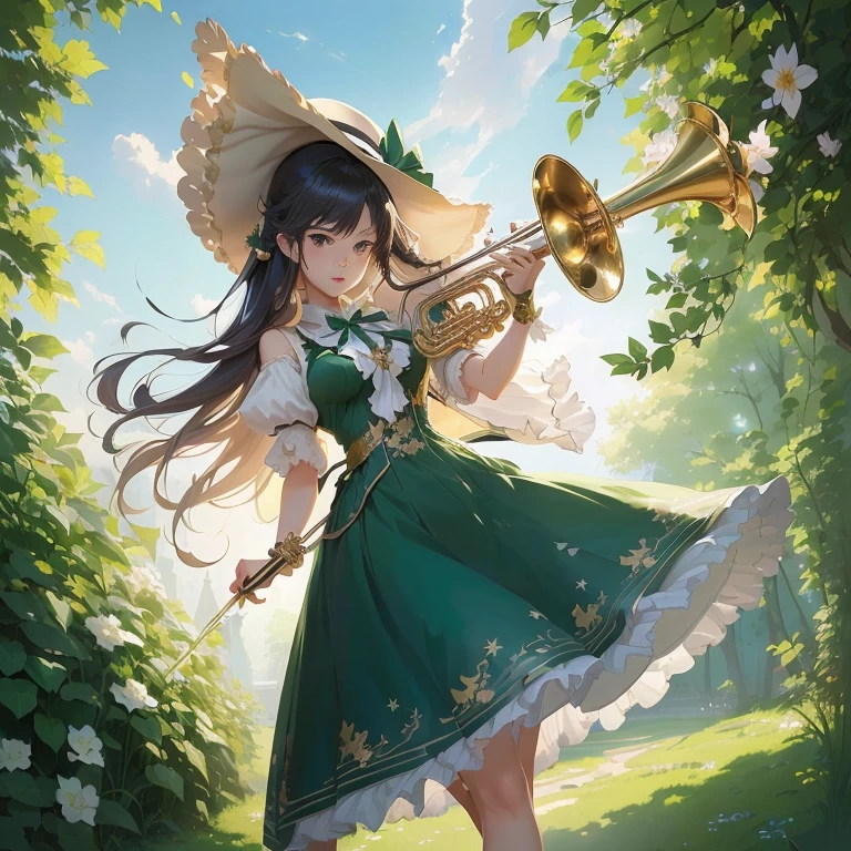 anime girl with a trumpet in a green dress and hat, high detailed official artwork, official art, official artwork, cushart krenz key art feminine, , marin kitagawa fanart, artwork in the style of guweiz, zerochan art, guweiz on pixiv artstation, trumpet, by Yang J, promo art, official anime artwork