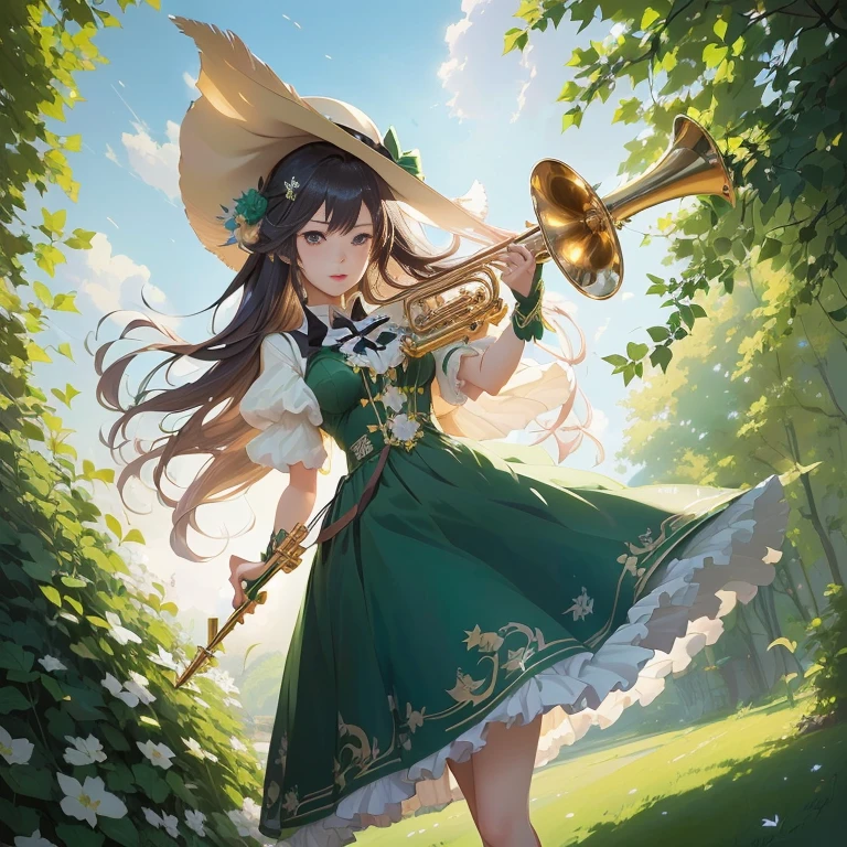 anime girl with a trumpet in a green dress and hat, high detailed official artwork, official art, official artwork, cushart krenz key art feminine, , marin kitagawa fanart, artwork in the style of guweiz, zerochan art, guweiz on pixiv artstation, trumpet, by Yang J, promo art, official anime artwork
