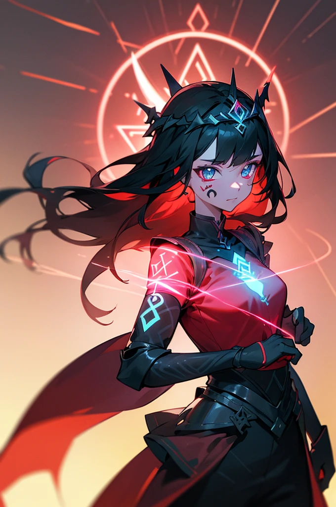 4K high resolution, one female, (((Glowing Rune Tattoos))), red and black hair, princess dress gown pants, armor tiara, cowboy shot, upper body