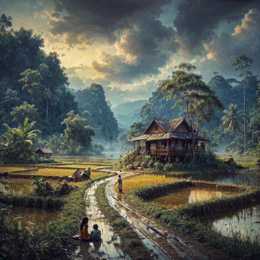 Oil paint splattered era 1960, a view, dirt road junction, There is an open house without a room where 2 people are chatting in the house, there are rice fields & lake, samping kanan kiri forest rapat borneo, there is a mountain background, forest, coconut tree, and trees, there is bush grass, ferns plant,very dark night,naturalism,Realism,very dull canvas,basuki abdullah style,Oil paint splashes are intuitive
