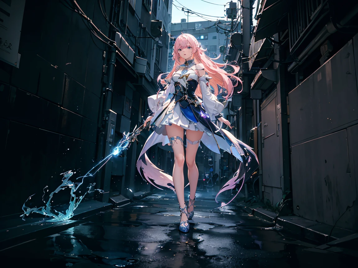 (Digital artwork:1.3,((Octane rendering)),City Street,High-rise tail alley, blonde long hair,((A huge glowing magic array under your feet)),((Complex luminous runes)),Realistic digital painting portrait,shot at 8k resolution,Gasoline liquid,splashart,Magical universe of pink and blue and purple,Lithography in intricate details,(lightning particules:1.2),(game concept:1.3),(deep of field:1.3),Global illumination,with rich details,Trends on ArtStation,((illustrious)),ultra fine,16K resolution, light blue eyes , (Weapon: Lightning Energy in a ball in right hand)