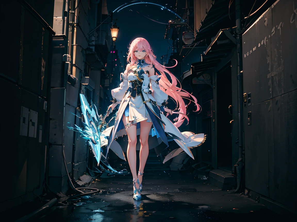 （Digital artwork：1.3,（（Octane rendering）），City Street，High-rise tail alley, blonde long hair，（（A huge glowing magic array under your feet）），（（Complex luminous runes）），Realistic digital painting portrait，shot at 8k resolution，Gasoline liquid，splashart，Magical universe of pink and blue and purple，Lithography in intricate details，（lightning particules：1.2），（game concept：1.3），（deep of field:1.3),Global illumination,with rich details,Trends on ArtStation，（（illustrious）），ultra fine，16K resolution, light blue eyes , (Weapon: Lightning Energy in a ball in right hand)
