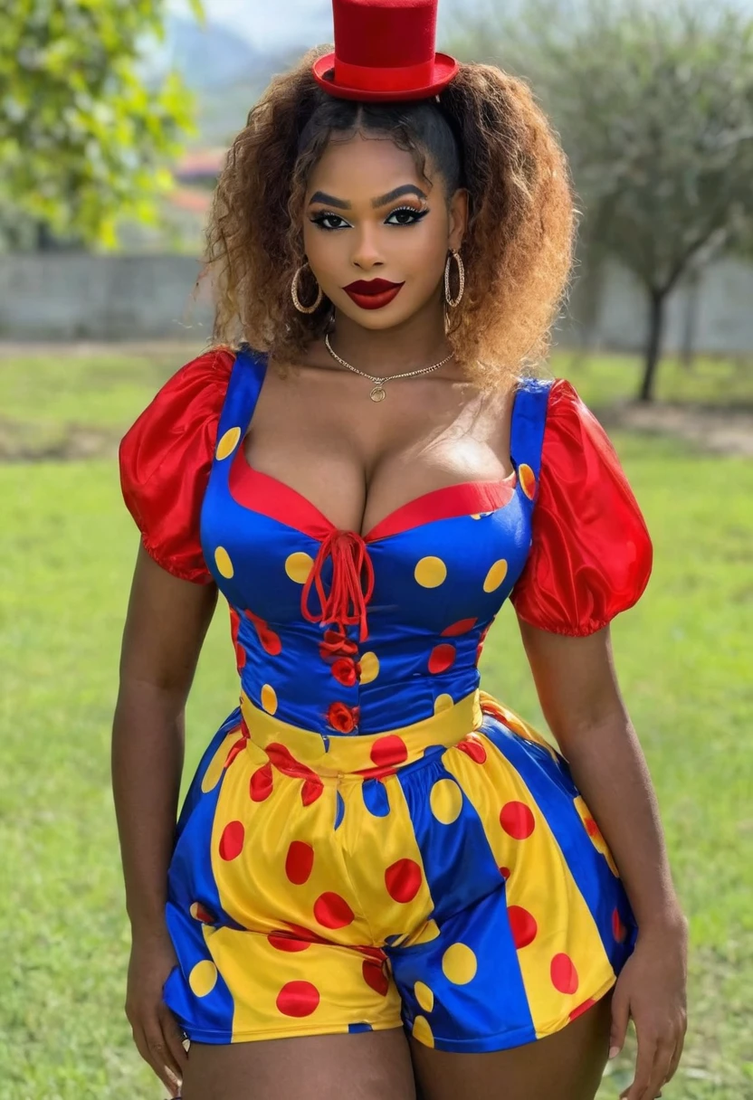 ((Best high quality:1.2)), work of art, (8k), extremely detailed, ((High detail:1.2)), Solo, ((24 years old pretty perfect Angolan female:1.4)), ((clown outfit)), ((medium round breasts)),