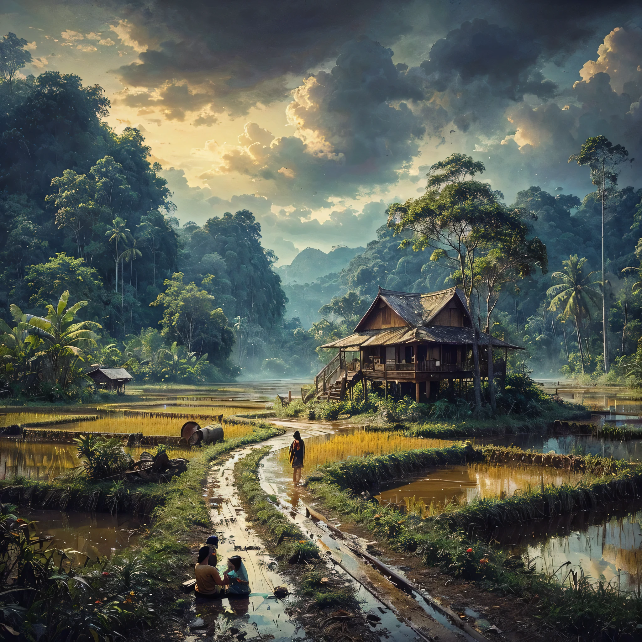 Oil paint splattered era 1960, a view, dirt road junction, There is an open house without a room where 2 people are chatting in the house, there are rice fields & lake, samping kanan kiri forest rapat borneo, there is a mountain background, forest, coconut tree, and trees, there is bush grass, ferns plant,very dark night,naturalism,Realism,very dull canvas,basuki abdullah style,Oil paint splashes are intuitive
