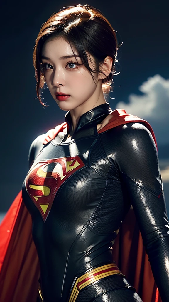 Woman wearing detailed SuperMan costume with full sleeves covering the entire body, short black hair, serious face, (flying in sky), vivid colors, dramatic lighting, red cape, cinematic costume, carbon fiber detailed suit,