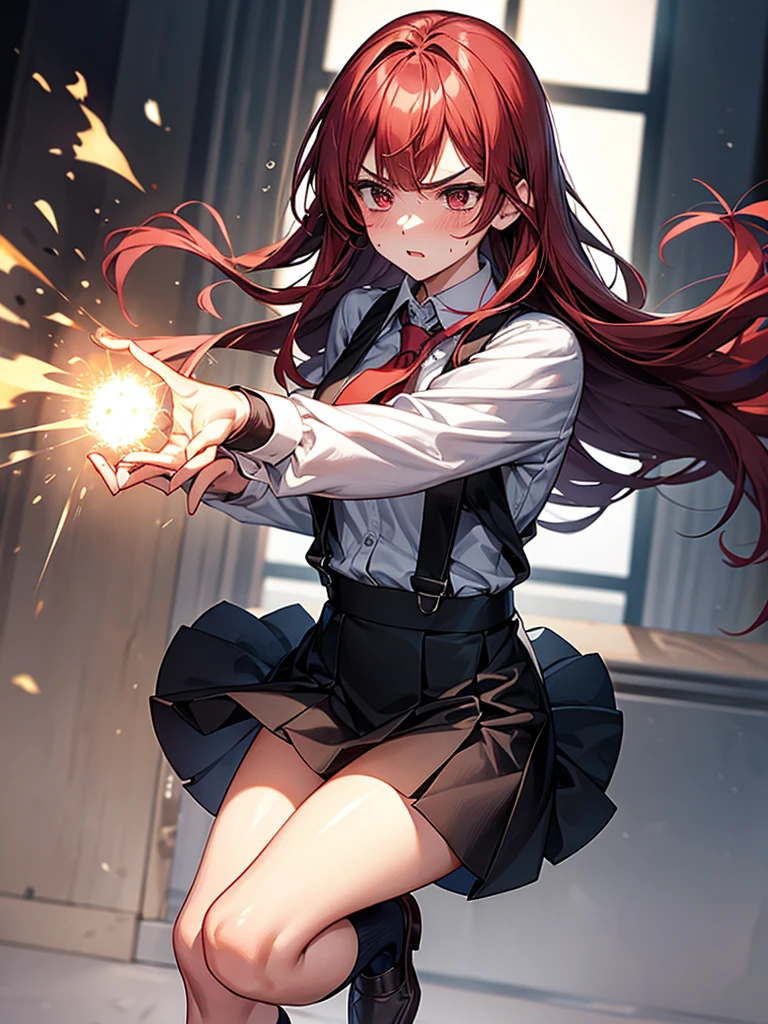 {{masterpiece}}, {{{Highest quality}}},{{Very detailed}}{{{A mature woman attacks with fire magic}}},{{疲労でSweatをかいている成人女性}},Sweat,action,{{Blushing}},{{V-shaped eyebrows}},{{Long sleeve mini skirt uniform}},{{suspenders}},{{{Fight}},{Forward tilt},Raise your hand,Shoot flames from your hands ,{{Jump}},{{Eyelet foot}},,{{Magic Attack}},{{}},,Slender body}}{{Female police officer}},,,,suspenders ,Long sleeve mini skirt uniform, White High Socks,Black fingerless gloves, Long Red Hair, Red tie,Straight hair ,Blunt bangs,.amountn loafer,,blush,Wrinkles ,amount,,suffering,v-shaped eyebrows.,Sweat dripping,Medium chest ,get annoyed,