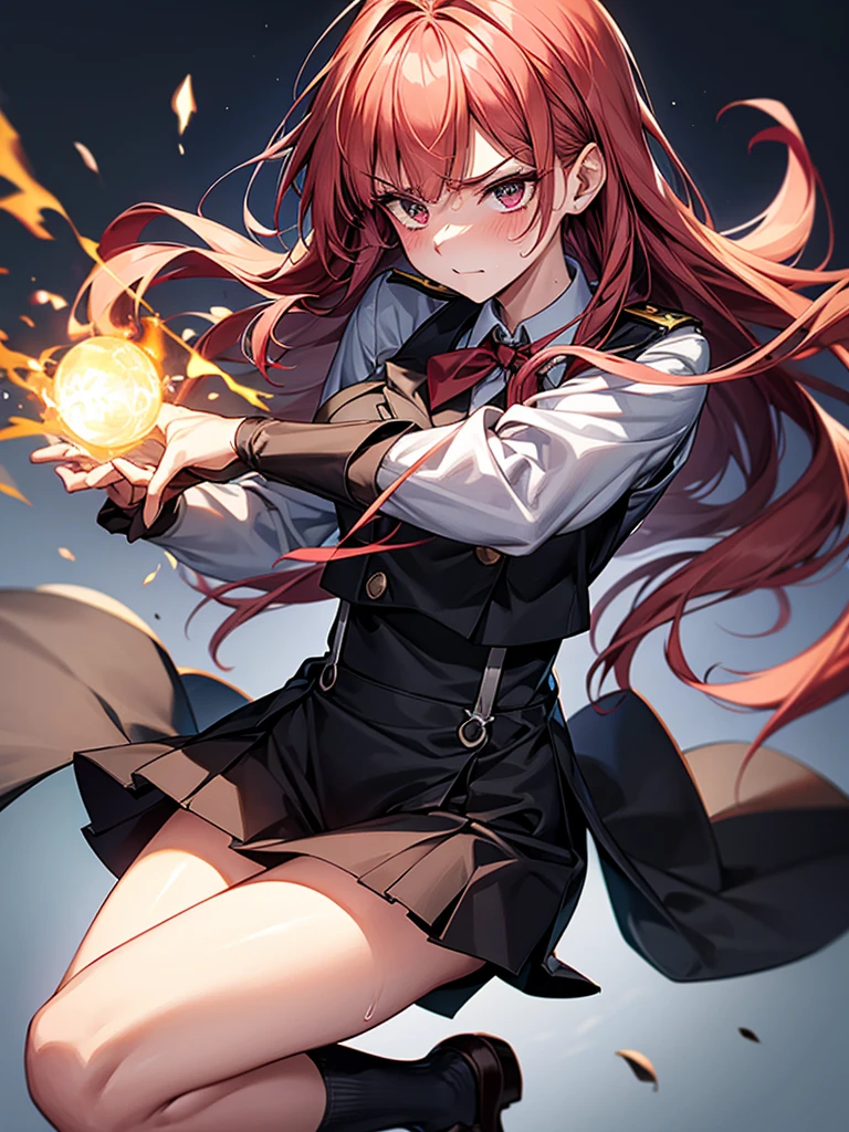 {{masterpiece}}, {{{Highest quality}}},{{Very detailed}}{{{A mature woman attacks with fire magic}}},{{疲労でSweatをかいている成人女性}},Sweat,action,{{Blushing}},{{V-shaped eyebrows}},{{Long sleeve mini skirt uniform}},{{suspenders}},{{{Fight}},{Forward tilt},Raise your hand,Shoot flames from your hands ,{{Jump}},{{Eyelet foot}},,{{Magic Attack}},{{}},,Slender body}}{{Female police officer}},,,,suspenders ,Long sleeve mini skirt uniform, White High Socks,Black fingerless gloves, Long Red Hair, Red tie,Straight hair ,Blunt bangs,.amountn loafer,,blush,Wrinkles ,amount,,suffering,v-shaped eyebrows.,Sweat dripping,Medium chest ,get annoyed,