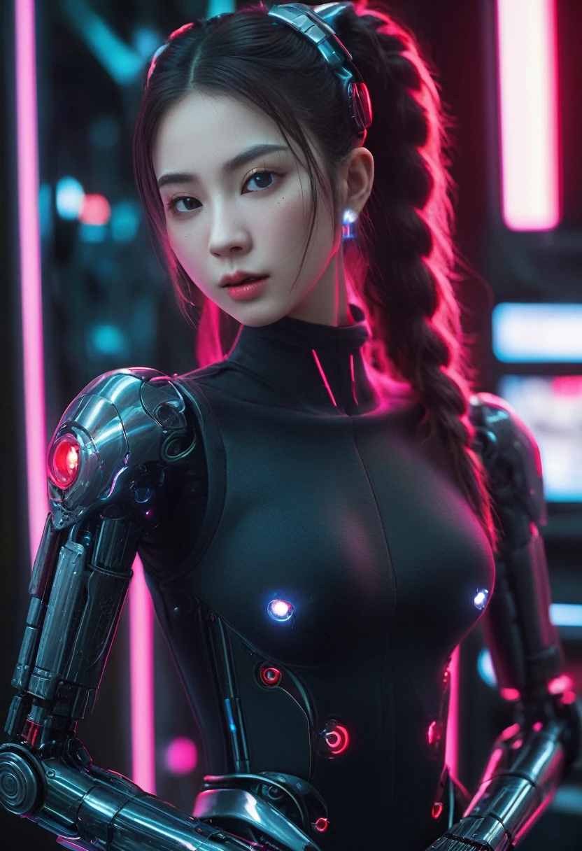xxmixgirl. Highly detailed professional 35mm film, bokeh, face in sharp focus. A robotic female, Miku, with ((metal skin)), ((perfect Asian eyes)) with magenta irises and ((black pupils)), beautiful serious (detailed face), 18 year old ((photorealistic face)), very long magenta twin tails of magenta hair, twin black hair ties with a single red stripe. She may have a black audio headpiece. We can see her ((full body)) down to her boot soles. Her outfit is a sleeveless collared light grey shirt, outlined in red around the frilled collar and hems. Shiny reflective ((metallic breast cups, dimpleless)), invisible nipples. She wears black sleeves with red hems that start around her upper arm and bellow out as the sleeves open and extend to her wrists, with wide trumpet red rimmed cuffs. She has perfect robotic (detailed hands). She wears a red colored tie with two horizontal solid parallel black lines halfway across. She wears a fabric black skirt with a horizontal red hem at the bottom all the way around; her (((black skirt wraps around her))) and ((her skirt completely covers)) her robotic waist and thighs. Tall black boots with red bottom soles, a red rim around the top at her thighs. Her mechanical shoulder joints are visible. We can see her robotic legs and robotic neck. Half of her is covered with shiny polished machinery. The background is a distant dark neon futuristic Japanese city, gold, cyan, violet neon, near harbor or mountains.