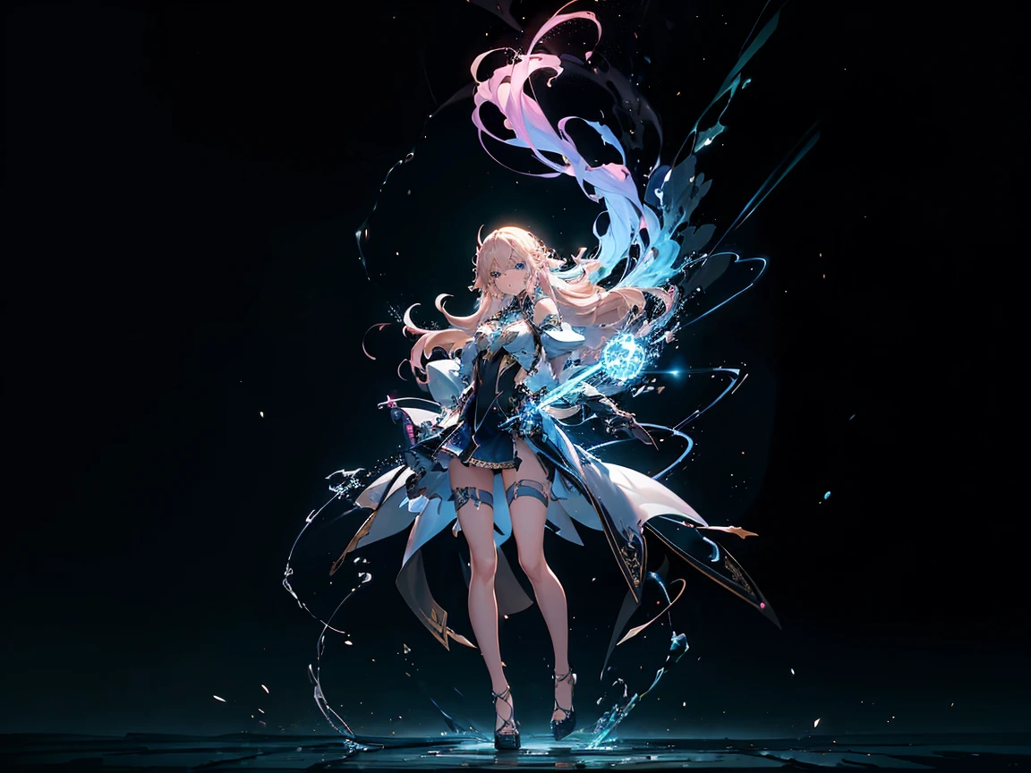 (Digital artwork:1.3,((Octane rendering)),City Street,High-rise tail alley, blonde long hair,((A huge glowing magic array under your feet)),((Complex luminous runes)),Realistic digital painting portrait,shot at 8k resolution,Gasoline liquid,splashart,Magical universe of pink and blue and purple,Lithography in intricate details,(lightning particules:1.2),(game concept:1.3),(deep of field:1.3),Global illumination,with rich details,Trends on ArtStation,((illustrious)),ultra fine,16K resolution, light blue eyes , (Weapon: Lightning Energy in a ball in right hand) hero pose, energy blast.