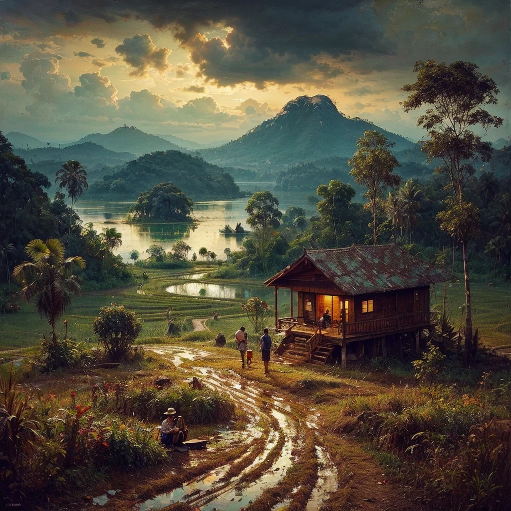 Oil paint splattered era 1960, a view, dirt road junction, There is an open house without a room where 2 people are chatting in the house, there are rice fields & lake, samping kanan kiri forest rapat borneo, there is a mountain background, forest, coconut tree, and trees, there is bush grass, ferns plant,very dark night,naturalism,Realism,very dull canvas,basuki abdullah style,Oil paint splashes are intuitive