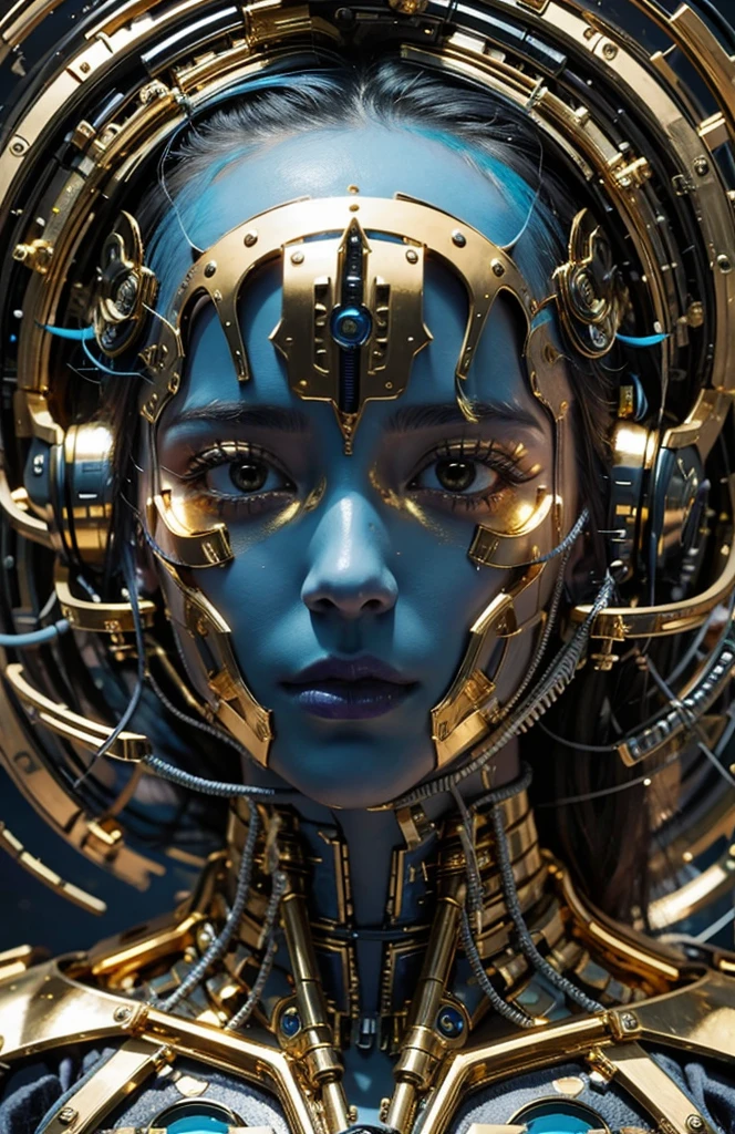 Close-up of beautiful girl with gold and blue mask, Portrait of the Cyborg Queen, Sci-Fi Face Interesting, Woman&#39;s face, cybernetic machine, Beautiful cyberpunk girl face, Portrait of a female man, (Realistic face details), intricate detailed, very high details, photo-hyper-realistic, 8k, UHD, hyperdetailed, (Dynamic Poses:1.4),