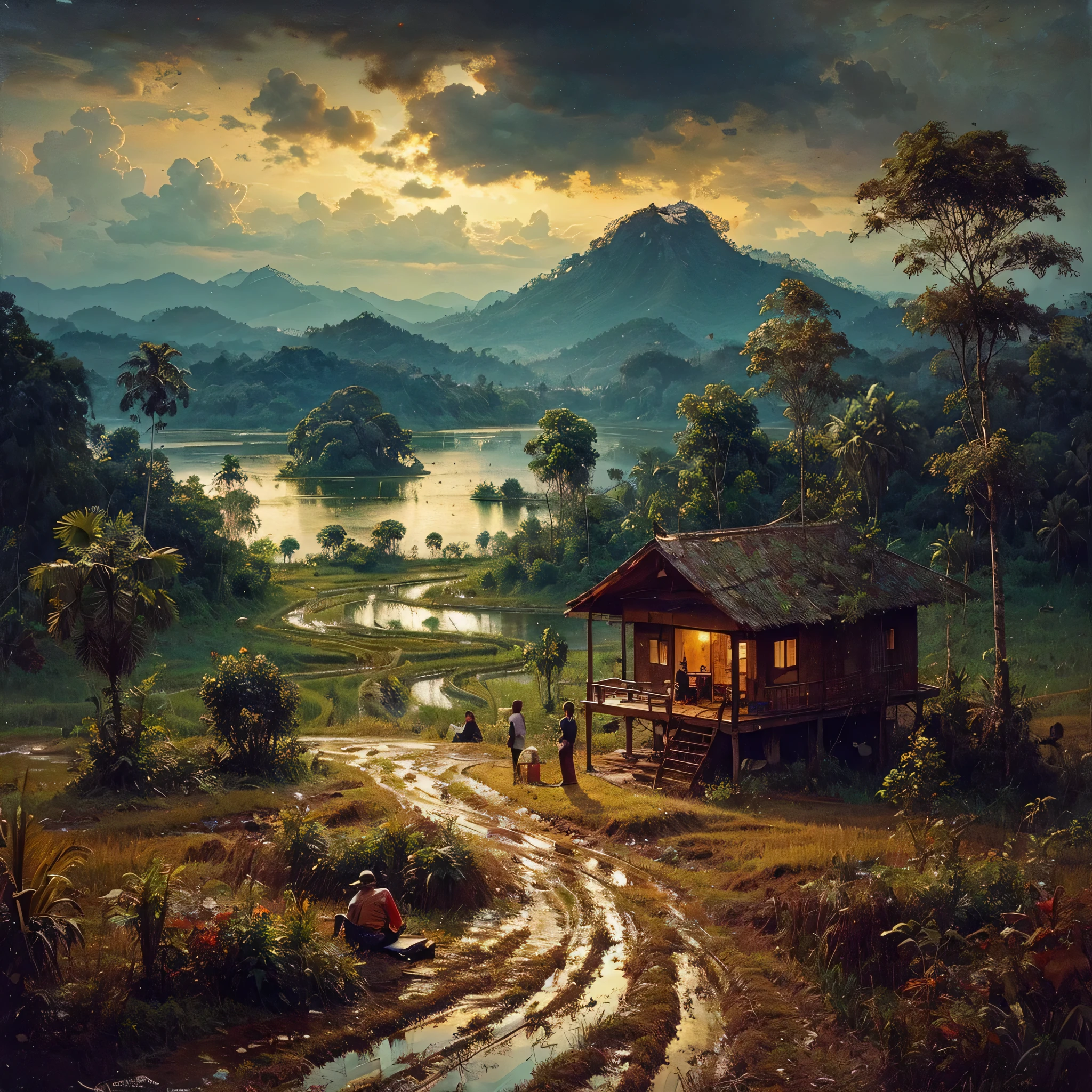 Oil paint splattered era 1960, a view, dirt road junction, There is an open house without a room where 2 people are chatting in the house, there are rice fields & lake, samping kanan kiri forest rapat borneo, there is a mountain background, forest, coconut tree, and trees, there is bush grass, ferns plant,very dark night,naturalism,Realism,very dull canvas,basuki abdullah style,Oil paint splashes are intuitive