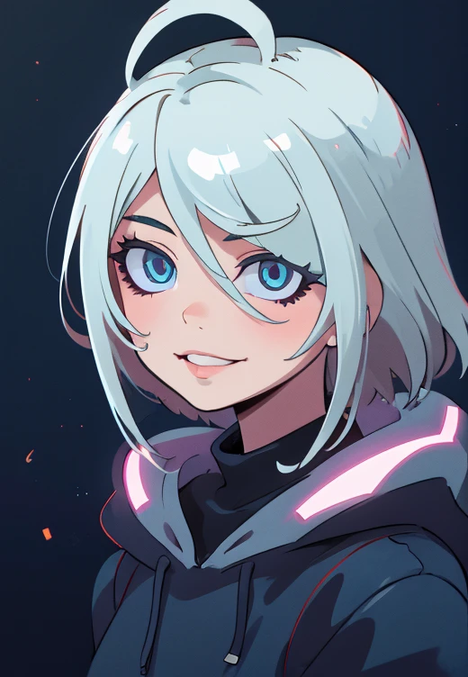 ((best quality)), ((masterpiece)), (detailed), perfect face, detailed background, masterpiece, best quality, smile, ornament, hoodie, portrait, blue neon, graffiti, dark, night, glowing eyes, blacklight