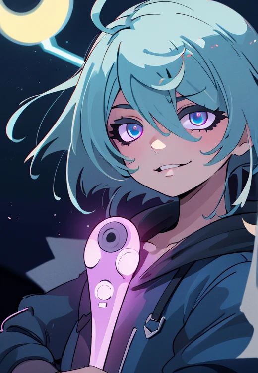 ((best quality)), ((masterpiece)), (detailed), perfect face, detailed background, masterpiece, best quality, smile, ornament, hoodie, portrait, blue neon, graffiti, dark, night, glowing eyes, blacklight