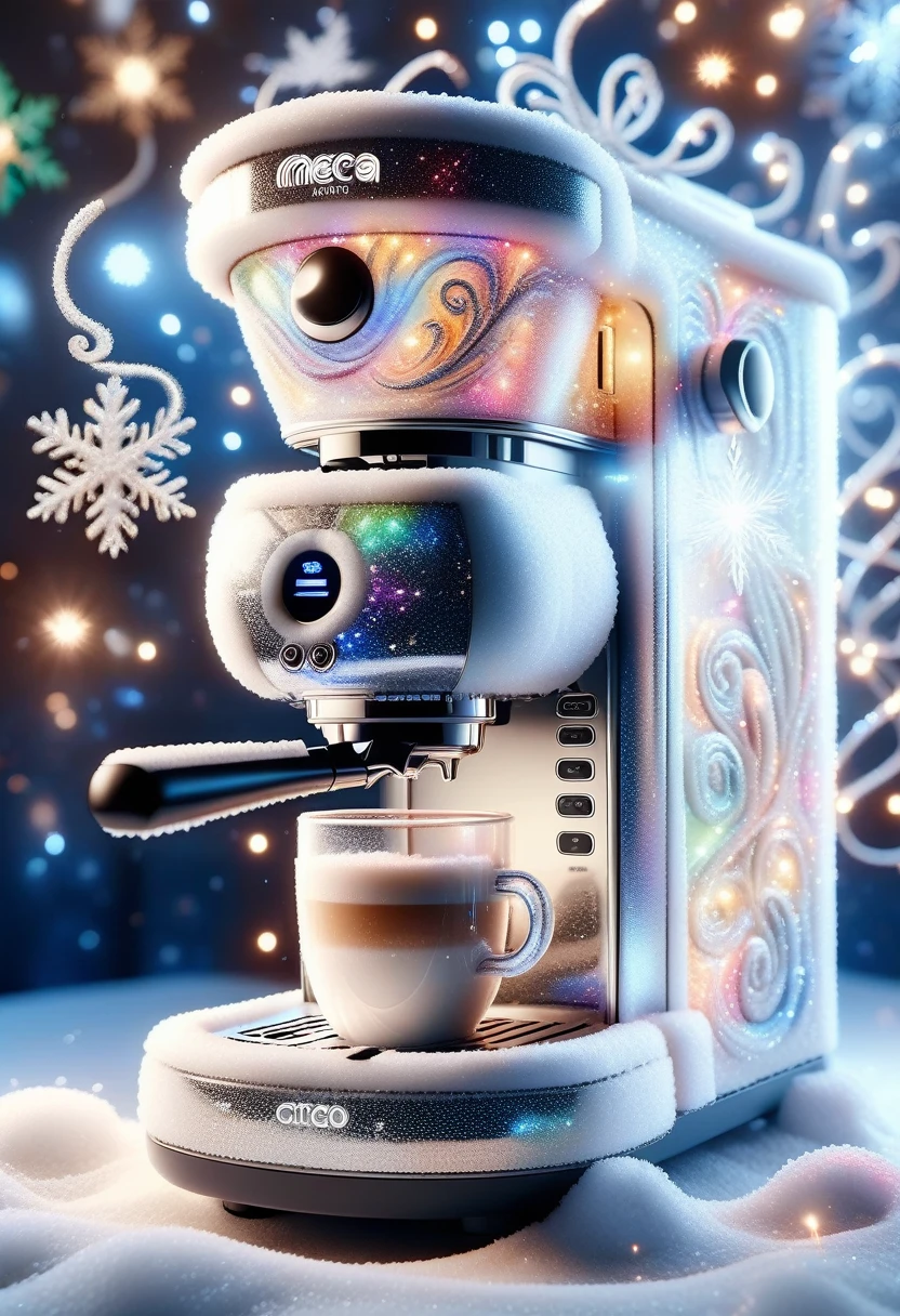 snow style, A coffee machine made from swirling Christmas lights and snow, Macro photography, high quality, Shining Light, Sparkling, beautiful, elegant, Fantasy