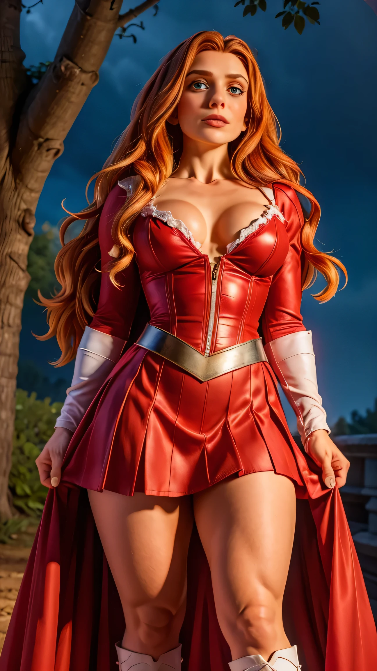 8k, ultra HD, super details, high qualiy, high resolution. Heroine Scarlet Witch looks beautiful in a full-length photo, her body is sculptural, her long wavy red hair shines in perfect combination with her white skin, your bright blue eyes hypnotize everyone. She is wearing her heroine costume which consists of a red corset with red cape., red skirt and red boots. She also wears a red tiara. she is very sexy, drawing attention to her big breasts and thick legs. She is in an enchanting forest under the moonlight.