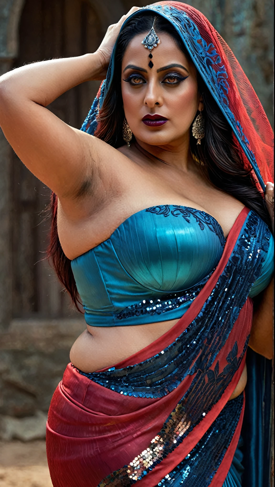 Looks like Mahie Gill, full body Closeup shot, Big chubby aunty, milf, cougar lady witch, fierce eyes, evil seductress, wide body, horny Gothic milf,  60 years old gorgeous mature lady, pervert demoness, demoness of lust, curvy, black lips, horny face, extremely gorgeous, thick figure, heavy physique, voluptuous, curvy, sexy figure, Fashionable portrait of androgynous alien looking witch wearing veil, glowing eyes, futuristic design, minimal details, givenchy, photoreal, 200mm, hd, f/ 2.0, highly detailed, surreal, sexy beautiful evil woman, sexy bold sequin Saree with strapless Bra, chudail, Pishachini, horror genre, blood-thirsty enchantress, powerful female spirit, eerie, drop dead, in the style of red and blue, (intricate details, hyperdetailed:1.15) (skin texture:1.2), dark Moody tone, cinematic lighting, haunted place in background, evil seductress, 