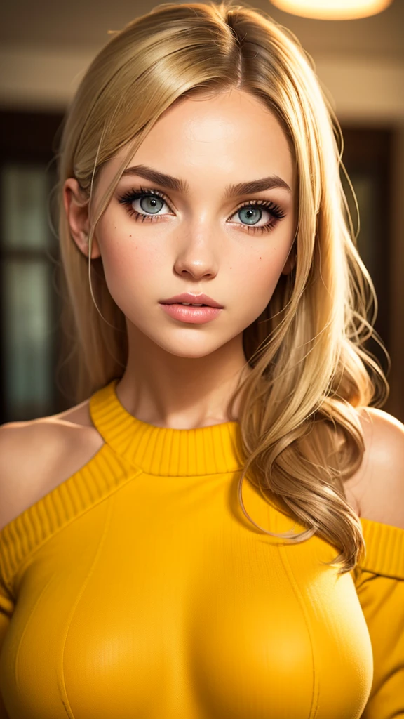 (best quality, 4k, highres, highres face details), Irish girl aged 16 yrs old, 1girl, solo, strawberry blonde hair, back length hair, parted bangs, grey eyes, constricted pupils, slim build, (textured skin, skin pores:1.1), large breasts, huge nipples, pierced nipples, pale skin, colorful makeup, perfect nose, thin lips, fake lashes, pretty face, cute face, wearing an off the shoulder yellow sweater, cinematic lighting, Ultra-Wide Angle, Canon, Hyperrealism, UHD, masterpiece, textured skin, realistic water texture, high details, best quality, detailed eyes, detailed iris, detailed breasts, bust chart, posing for the camera