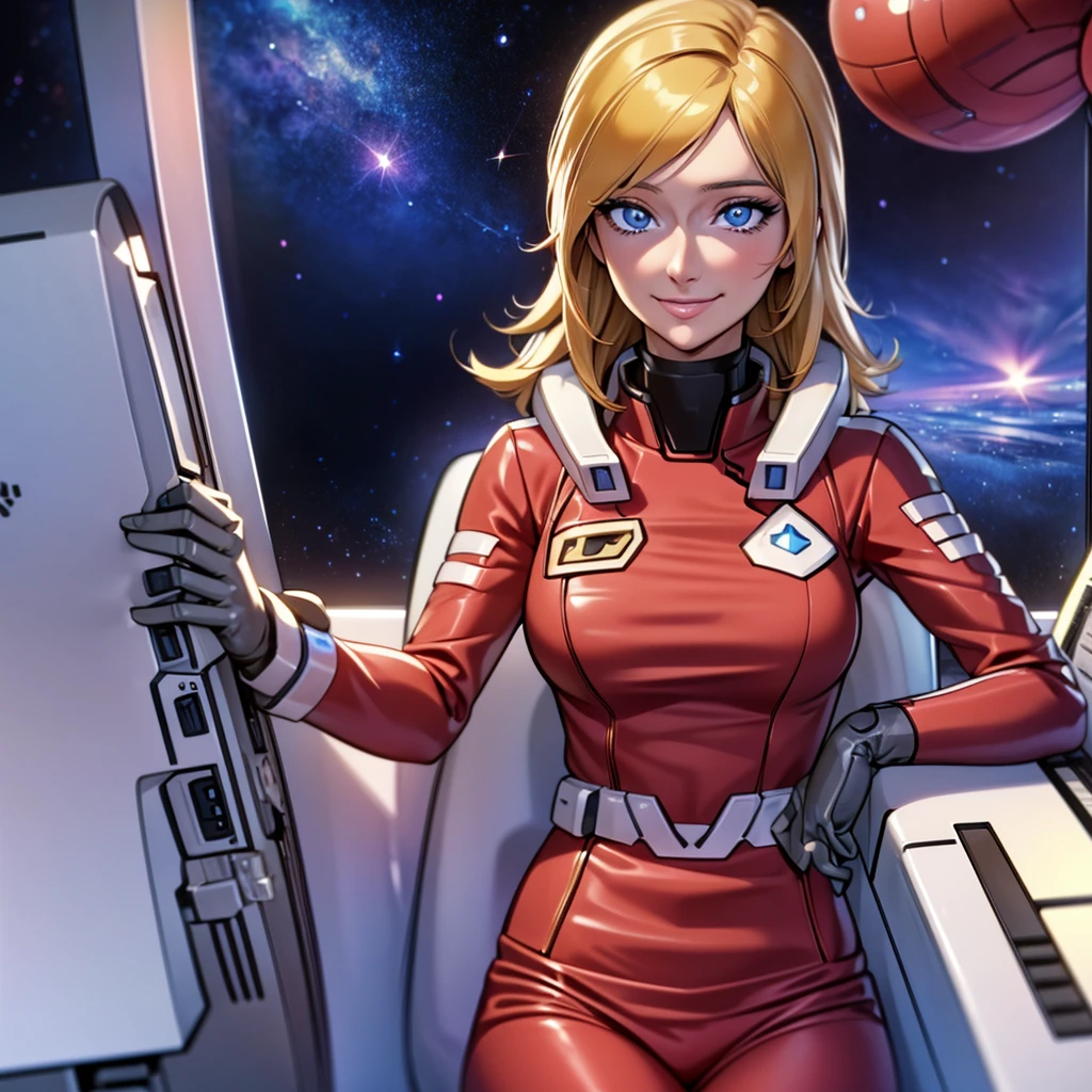 upper body, a woman sitting on a computer console in a spacecraftjoan, blonde hair, with, red suit, beautiful eyes, beautiful girl, high detail skin, high detail eyes, high detail hair, highres, ultra detailed, horny smile, Highly detailed,masterpiece, best quality,