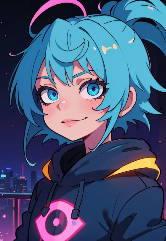 ((best quality)), ((masterpiece)), (detailed), perfect face, detailed background, masterpiece, best quality, smile, ornament, hoodie, portrait, blue neon, graffiti, dark, night, glowing eyes, blacklight
