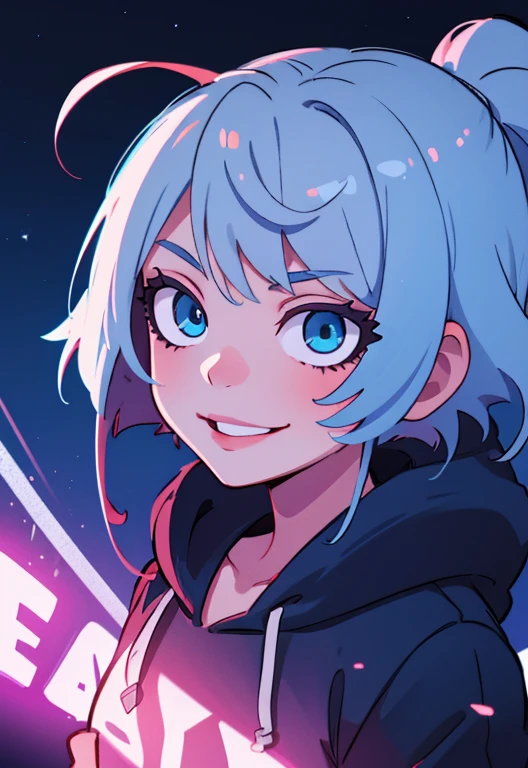 ((best quality)), ((masterpiece)), (detailed), perfect face, detailed background, masterpiece, best quality, smile, ornament, hoodie, portrait, blue neon, graffiti, dark, night, glowing eyes, blacklight
