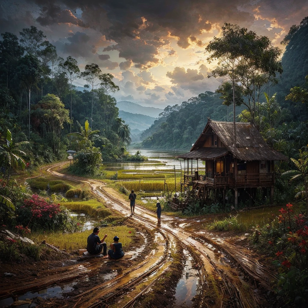 Oil paint splattered era 1960, a view, dirt road junction, There is an open house without a room where 2 people are chatting in the house, there are rice fields & lake, samping kanan kiri forest rapat borneo, there is a mountain background, forest, coconut tree, and trees, there is bush grass, ferns plant,very dark night,naturalism,Realism,very dull canvas,basuki abdullah style,Oil paint splashes are intuitive