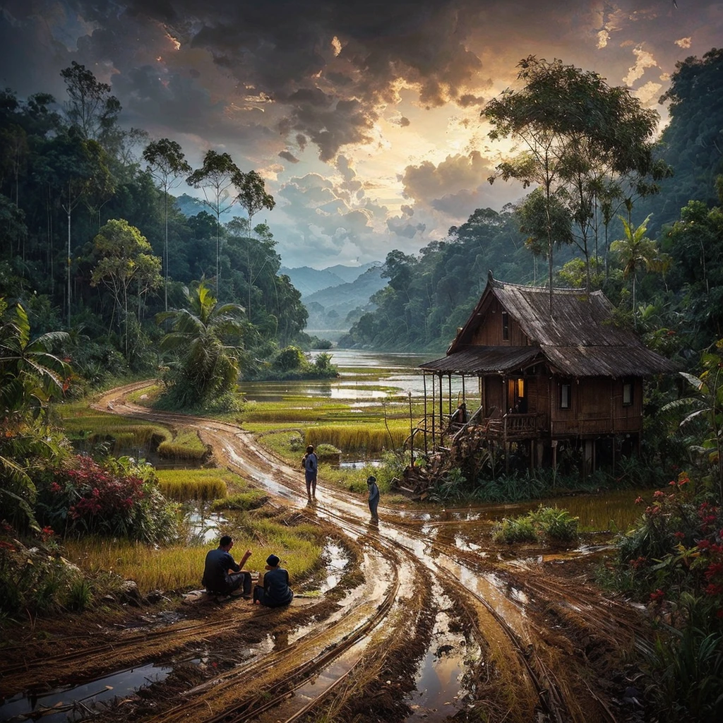 Oil paint splattered era 1960, a view, dirt road junction, There is an open house without a room where 2 people are chatting in the house, there are rice fields & lake, samping kanan kiri forest rapat borneo, there is a mountain background, forest, coconut tree, and trees, there is bush grass, ferns plant,very dark night,naturalism,Realism,very dull canvas,basuki abdullah style,Oil paint splashes are intuitive