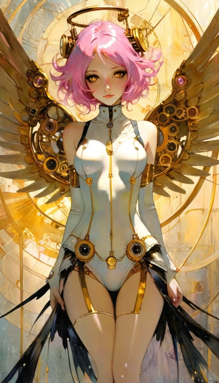 sexy angel with clockwork wings/Mika Mizono, Sand, pink hair, golden eyes, wings, Halation, emotional impact, art inspired by Bill Sienkiewicz