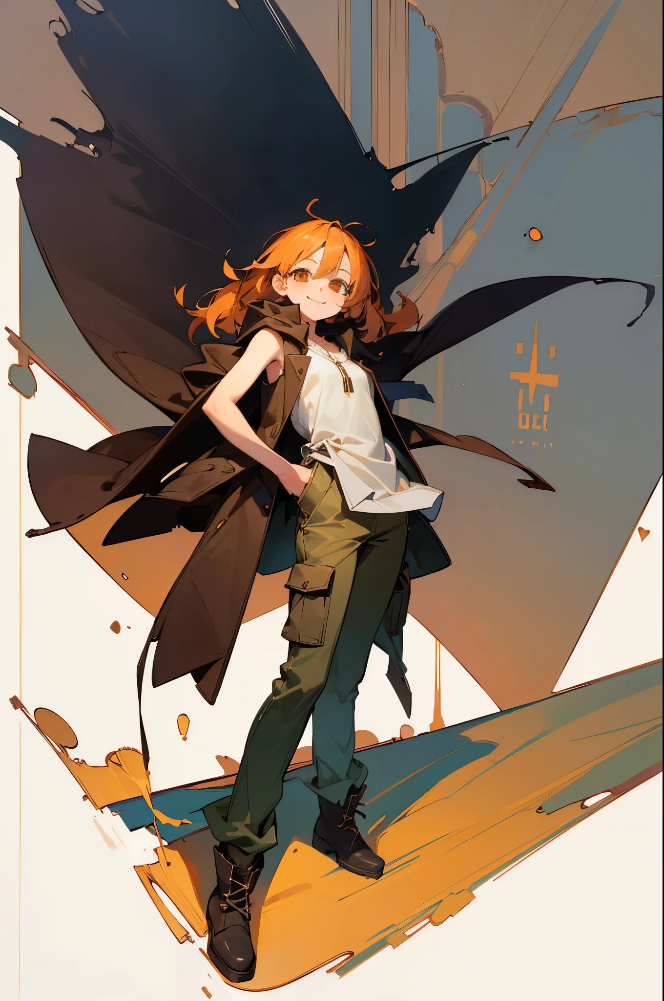 ((highest quality)), ((masterpiece)), (be familiar with),Clementine,Overload,{{nsfw}},Sleeveless hoodie,cargo pants,Bewitching Smile,whole body,boots,Long coat