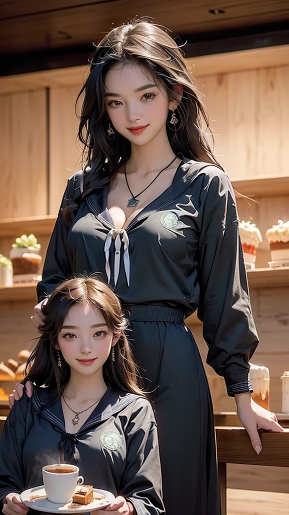 (((((Sailor suit schoolgirl)))))
(((((Two Women)))))
8k、RAW Photos、Highest quality、Super detailed、Super Resolution、Ultra HD、8k wallpaper、Amazing details ((((Inside the Starbucks store))))
(((Eat cake、Drink coffee、smile、Heart Necklace)))
((Emphasize cleavage)) (Full body photo)