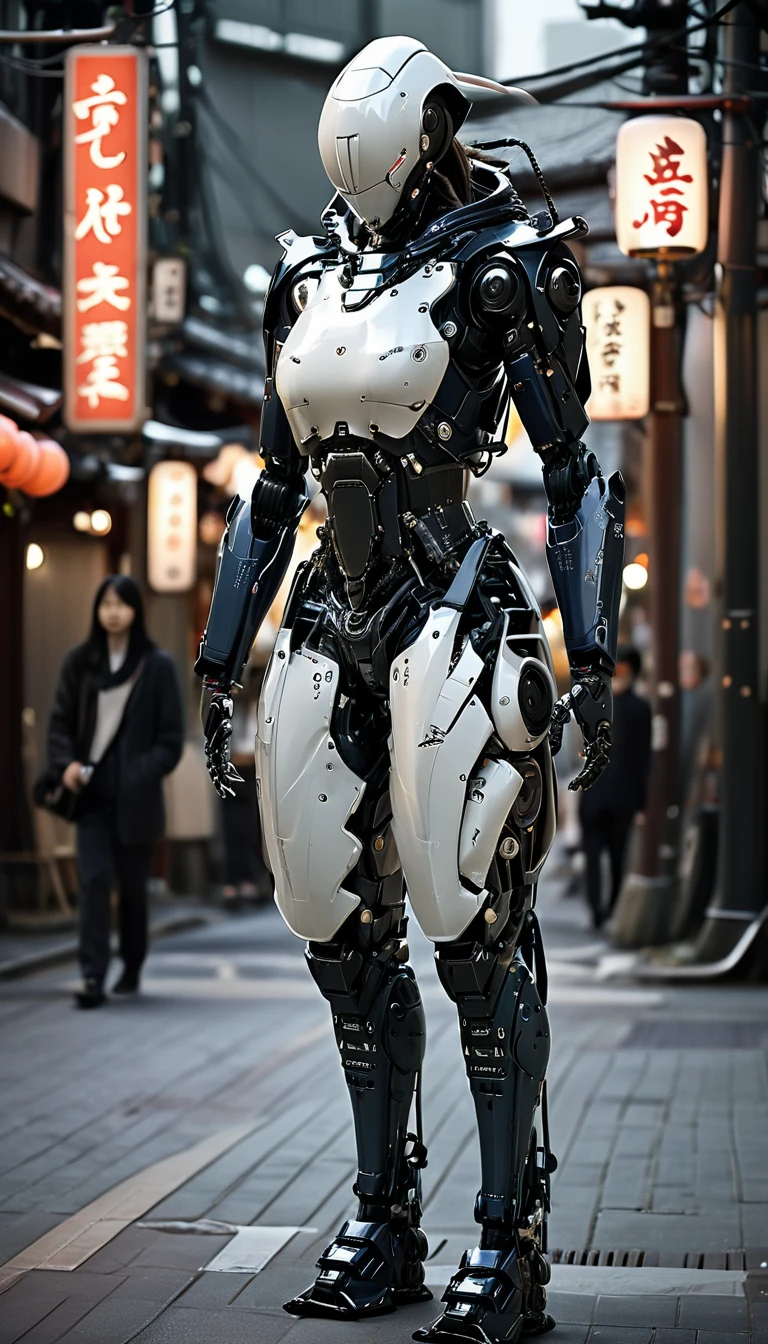 Girl walking on the street holding a phone texting, , walking next to a highly detailed and realistic samurai robot bodyguard with humanoid features. The setting is an urban street that appears to be in Japan, with a background of bright city lights and signs. The contrast between traditional clothing and futuristic robots will be striking, emphasizing the blend of historical culture with cutting-edge technology.