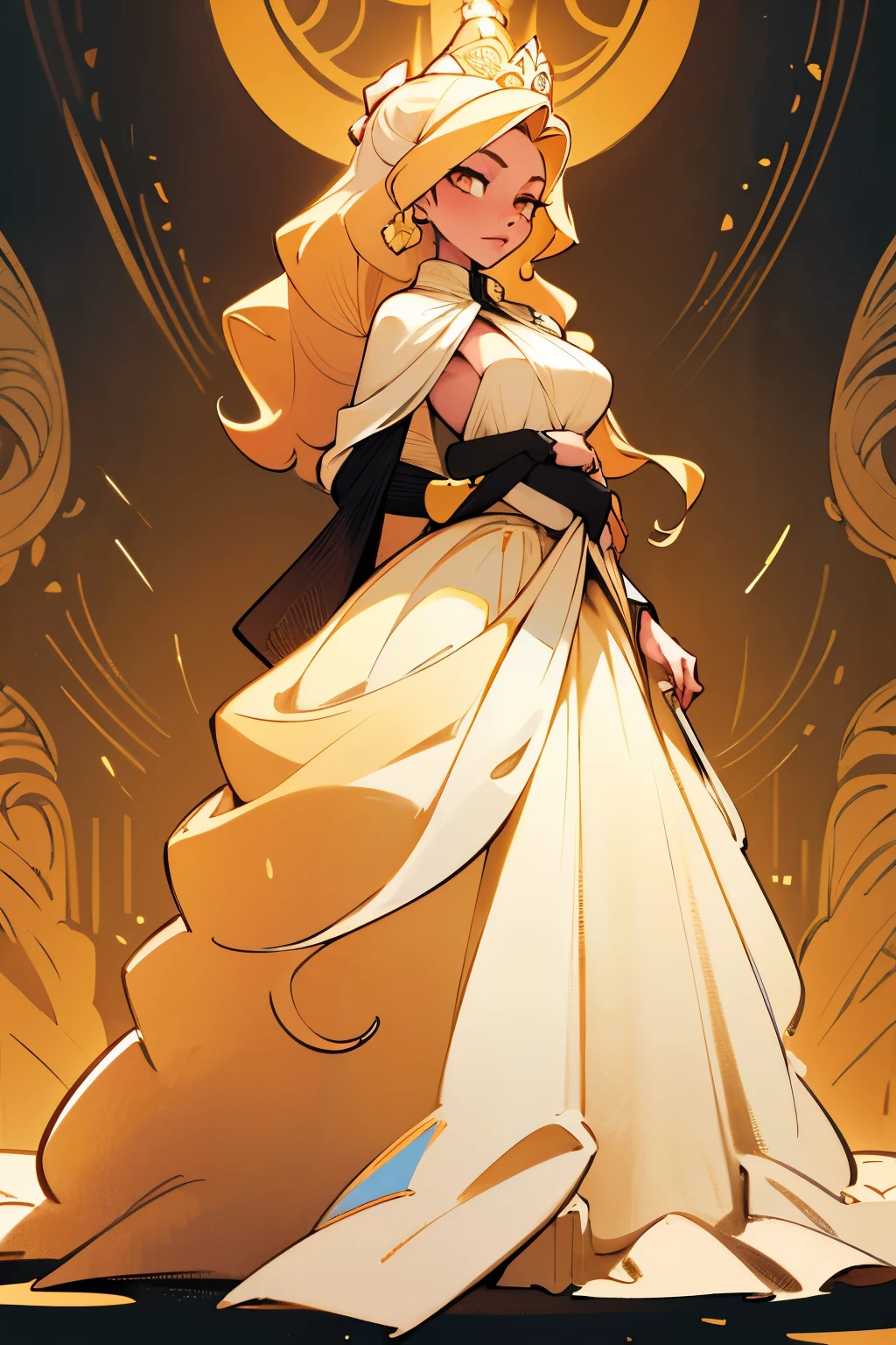 A beautiful girl similar to a queen bee, long blonde hair, warm color, a beautiful girl with curves but sexy, dressed in elegant clothes with white and yellow with black lines, wear a large white fur stole, long blonde hair y ondulado, like a queen bee, elegant dress, intricate chiaroscuro palette