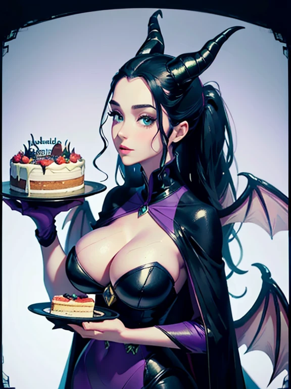 masterpiece, best quality, Maleficent holding a whole cake, 8k, White background,Solid color background,Woman holding cake, 8k, (Clear focus, Very detailed) Warren Tufts, Retro, deep cleavage
