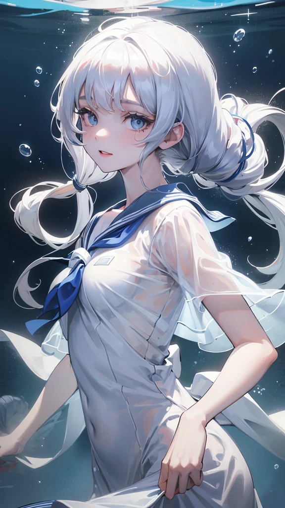 (see-through:1.3),white serafuku,sailor dress, white theme,, sailor suit, looking at viewer, insanity, messy long hair, beautiful detailed eyes,Hair glows,dramatic angle,blue sailor collar, perky breasts,light smile,partially underwater shot...