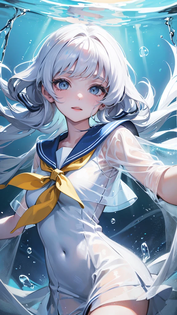 (see-through:1.3),white serafuku,sailor dress, white theme,, sailor suit, looking at viewer, insanity, messy long hair, beautiful detailed eyes,Hair glows,dramatic angle,blue sailor collar, perky breasts,light smile,partially underwater shot...