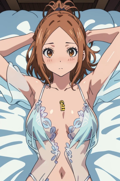 (​masterpiece, top-quality, hight resolution:1.22), (anime screencap,1.5, anime-keyvisual), (ultra_detailed, 4k, UHD:1.2), (photorealistic, pixiv:1.3), the perfect body, miyoshi kaya, KizukiAi, light brown hair, high ponytail, orange eyes, parted bangs, forehead, 1girl, solo, blush, (huge breast:1.5, Breasts Apart), (slim, hands up, navel), (see-through negligee:1.5), (on back, sleepy), (upper body:1.5, on bed), (perfect detailed anatomy:1.5, beautiful detailed face, beautiful detailed eyes, beautiful skin, perfect detailed arms:1.5), 