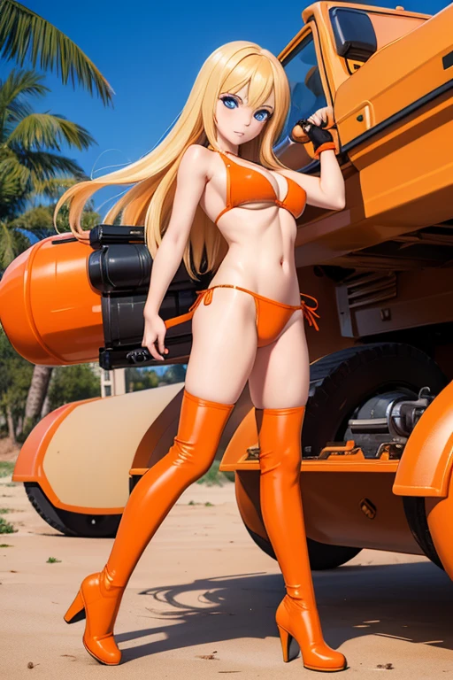 Perfect Anatomy　Highest quality,Highest Resolution,(((Orange Bikini　Thigh-high boots)))　Metal Max 2:Reloaded　Mishka　Blonde　long hair　Blue Eyes　D Cup　20-year-old　athletic　Warrior　cool　Rocket Launcher