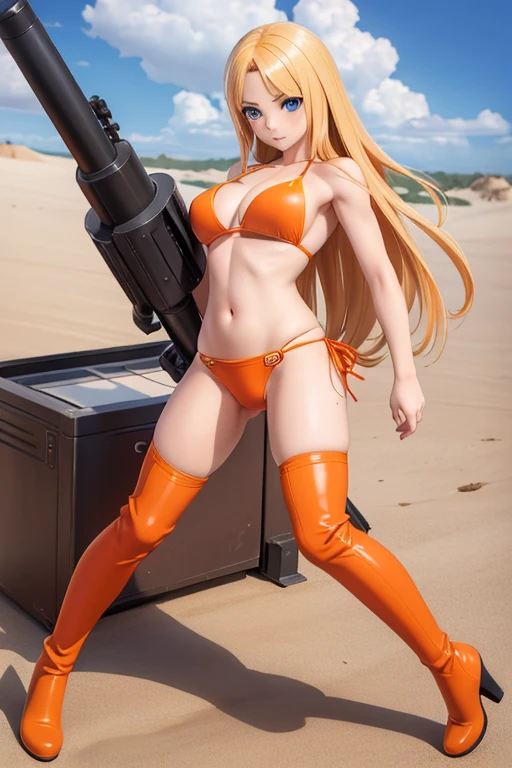 Perfect Anatomy　Highest quality,Highest Resolution,(((Orange Bikini　Thigh-high boots)))　Metal Max 2:Reloaded　Mishka　Blonde　long hair　Blue Eyes　D Cup　20-year-old　athletic　Warrior　cool　Rocket Launcher