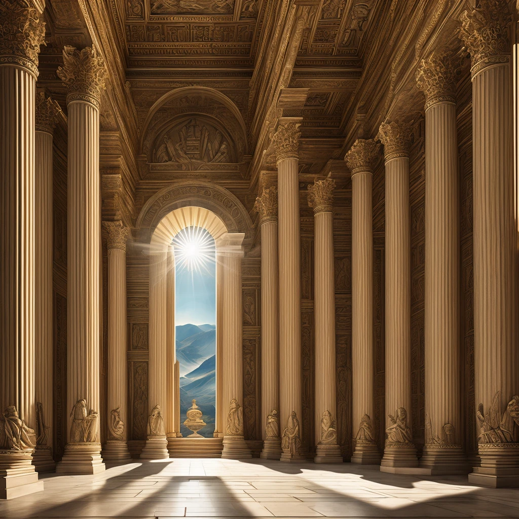 Gnostic temple like the oracle of Delphi that has the phrase written "Mo∆sh01n© ®" in the frontispiece, with paintings of classical and esoteric art, with the sun illuminating the center and phrases from philosophers